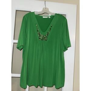 Susan Graver Womens Liquid Knit Tunic Top Size XL Green Stretch Beaded Front